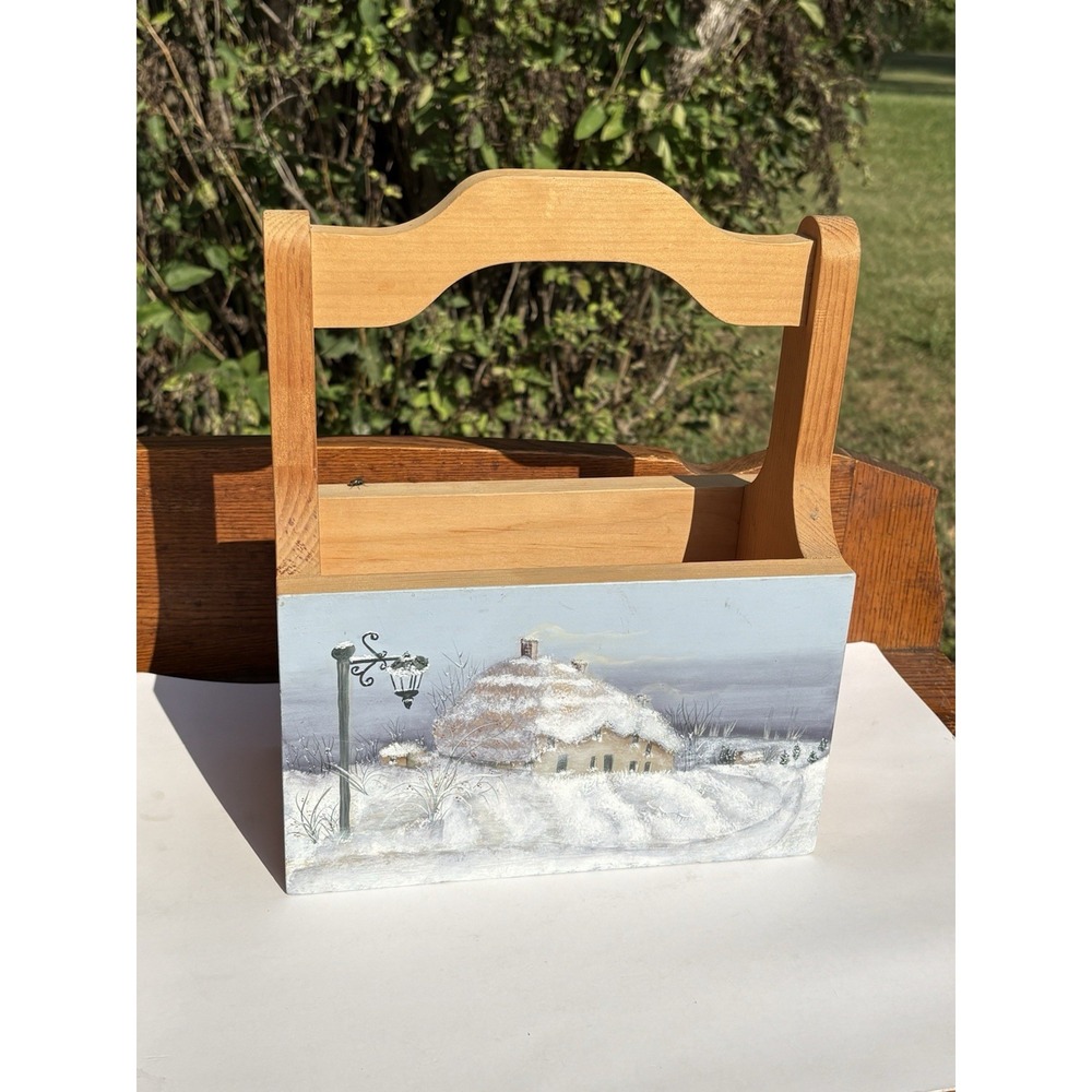 Hand Painted Solid Wooden Caddy Tote Winter Scene Farmhouse Decor 12" X 10"